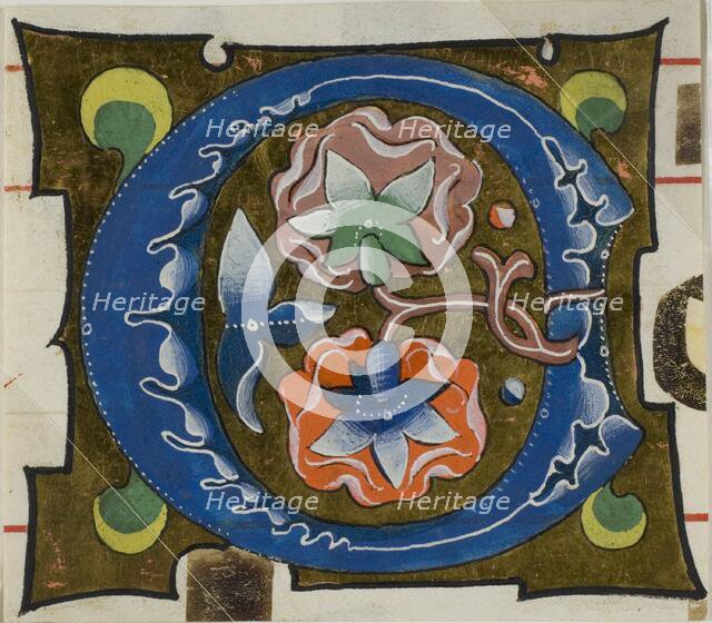 Decorated Initial "O" with Flowers from a Choir Book, 14th century or modern, c. 1920. Creator: Unknown.