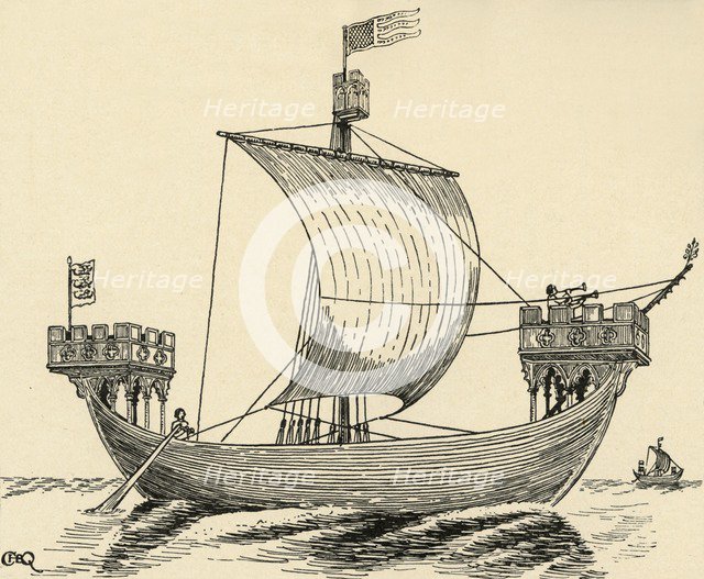 'A Ship of the time of Edward I. (based on the Dover seal, 1284)', (1931). Artist: Charles Henry Bourne Quennell.
