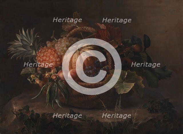 Basket of fruit on a tree stump, 1844. Creator: Johan Laurentz Jensen.