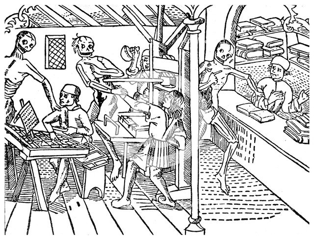 Printworkers harrassed by skeletons, 1499 (1956). Artist: Unknown