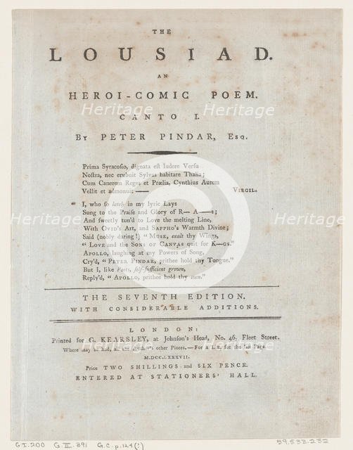 The Lousiad, Title Page, 1787., 1787. Creator: Thomas Rowlandson.