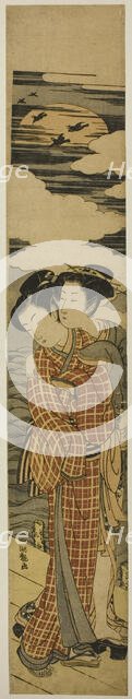 Couple Standing on a Pier Embracing on a Moonlit Night, c. 1774. Creator: Isoda Koryusai.