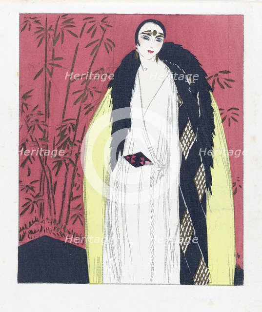 Design for an Evening dress with Fur Trimmed Cape, pub. 1924 (pochoir print). Creator: French School (20th Century).