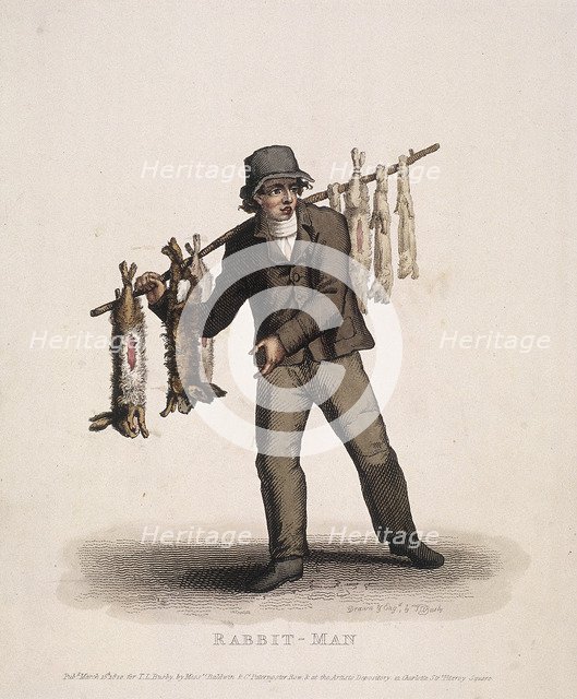 Rabbit seller carrying a pole hung with rabbits, 1820. Artist: Thomas Lord Busby