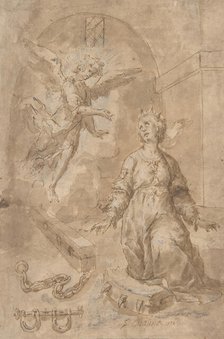 An Angel Appearing to Saint Catherine of Alexandria in Prison (recto); Volute (verso), 17th cent. Creator: Anon.