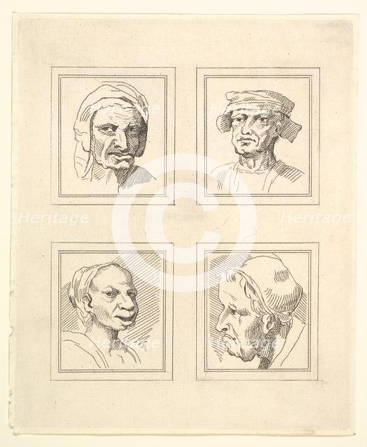 Four Heads (from Characaturas by Leonardo da Vinci, from Drawings by Wincelslaus Hollar, o..., 1786. Creator: Unknown.