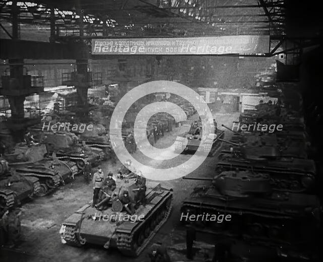 Russian Tanks Being Driven Out of a Factory, 1941. Creator: British Pathe Ltd.