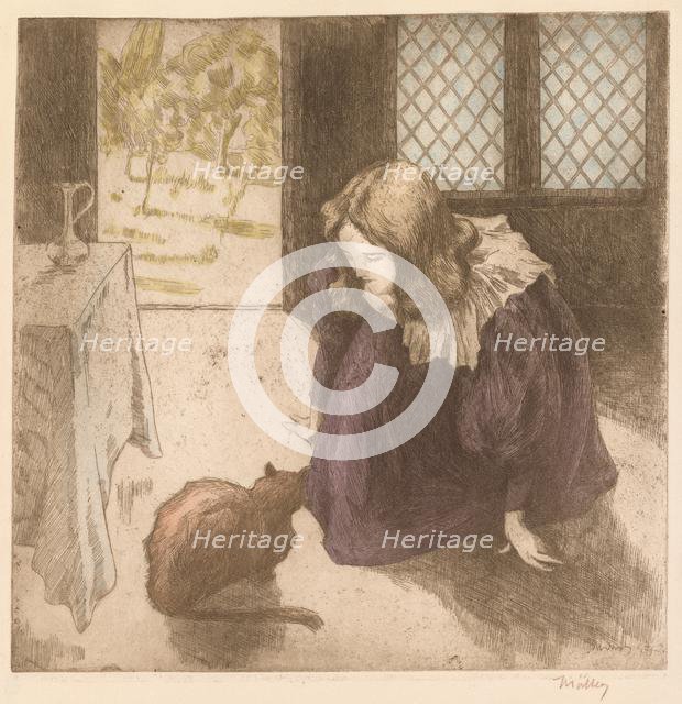Interior, Little Girl with Cat (La Petite fille au chat), 1897. Creator: Alfredo Müller (Italian, 1869-1940).