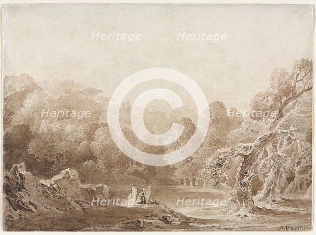 A Man Playing a Harp with other Figures beside a Lake, 1820. Creator: John Martin (British, 1789-1854).