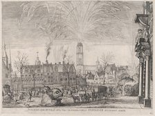 Plate 41: Fireworks display in city square with Ferdinand watching from a balcony at right..., 1636. Creators: Johannes Meursius, Willem van der Beke.