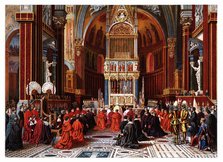 Pontifical ceremonies. Ascension day to the papal chapel of San Juan de Letran. Color engraving f…