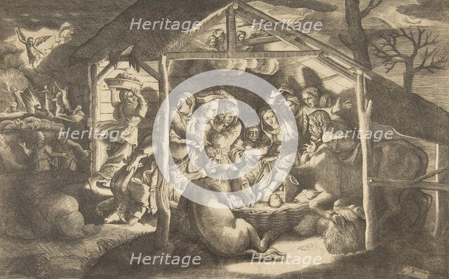 The adoration of the shepherds, various figures surrounding the Christ Child in the cen..., 1531-76. Creator: Giulio Bonasone.