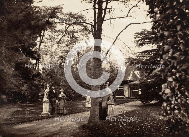 Autumn Scene with People on Lawn near Cottage, ca. 1855. Creator: Unknown.