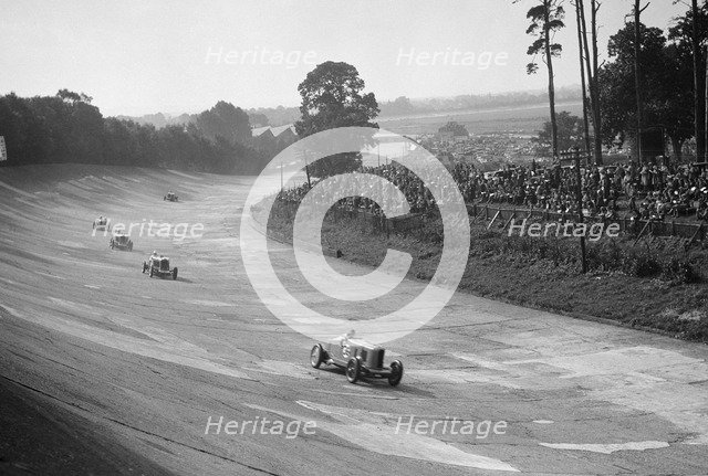 Talbot 90 on the banking at Brooklands, 1930s. Artist: Bill Brunell.