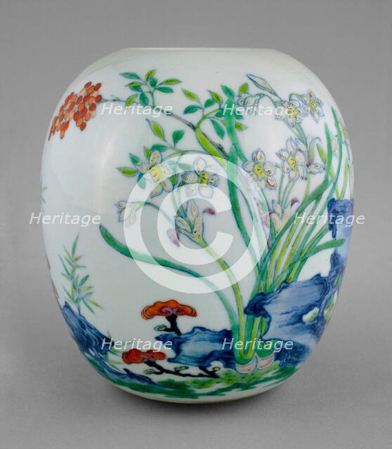 Jar with Narcissus, Nandina Berries, Lingzhi Mushrooms..., Qing dynasty, Yongzheng reign(1723-1735). Creator: Unknown.