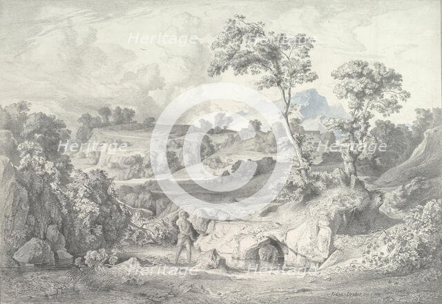 Southern landscape with a man and a snake, 1847. Creator: Heinrich Dreber.