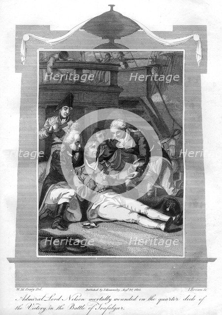 Admiral Nelson lying mortally wounded on the quarter deck of HMS 'Victory', 1816.Artist: I Brown