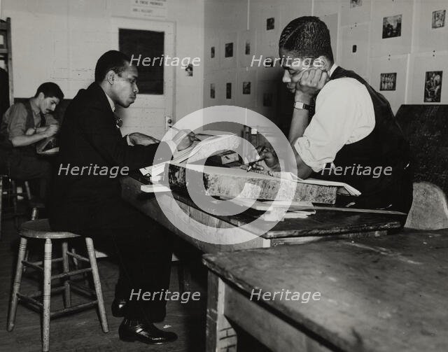Three students in an art class, Harlem Community Art Center, 1938. Creator: Basil.