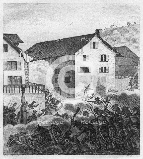 Second Battle of Zurich, Fighting scene at the Central, 1799. Artist: Anonymous  