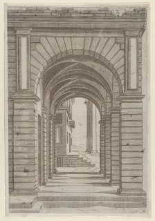 Speculum Romanae Magnificentiae: Front of a Building seen sideways through an arca..., 16th century. Creator: Anon.