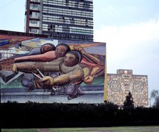 Mural of David Alfaro Siqueiros on the façade of the building of the rectory of the university ca…