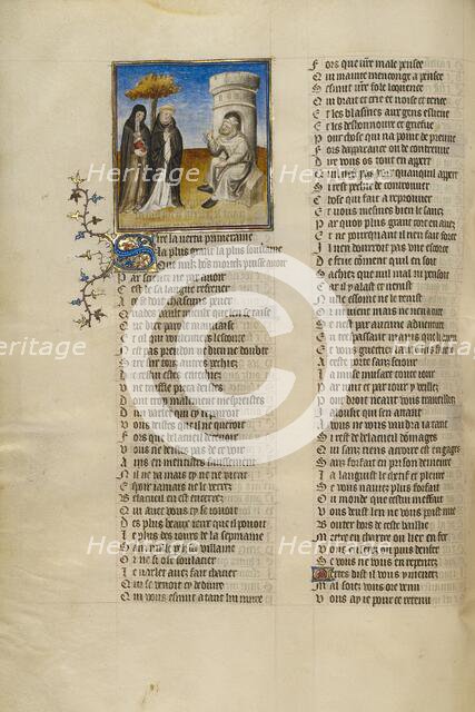 The Personifications of Abstinence and False Pretence before Bad Mouth; Roman de la Rose, about 1405 Creator: Unknown.