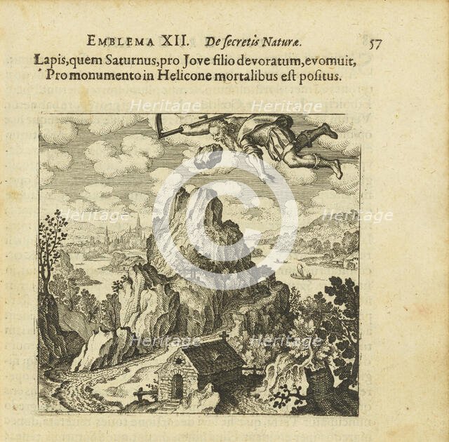 Emblem 12. The stone that Saturn ate and spat out before Jupiter's son is remembered..., 1618. Creator: Merian, Matthäus, the Elder (1593-1650).