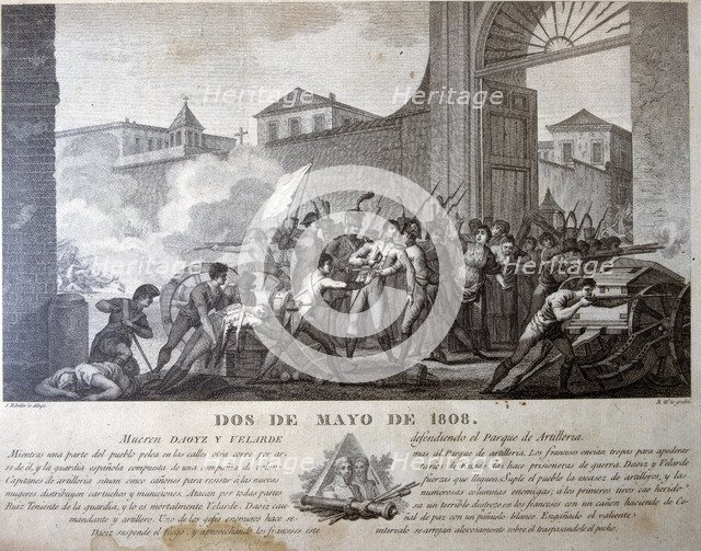 Independence War, death of Daoiz and Velarde in Monleón Park, Madrid, December 8, 1808, engraving.