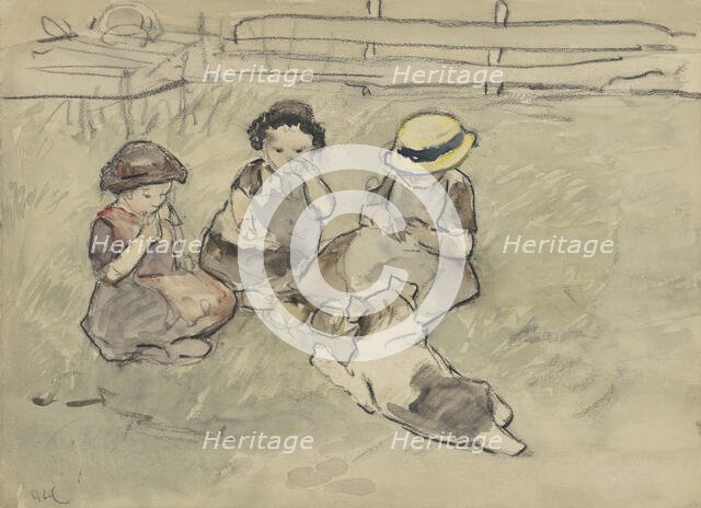 Three girls with a dog sitting in a meadow, 1860-1921. Creator: Adolf le Comte.