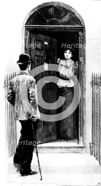 Eve's Ransom...: "I believe Miss Madden lives here?", 1895. Creator: George Meisenbach.