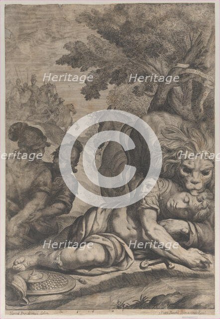 A lion atop a fallen horseman at right, with two other soldiers at left, 1640-70. Creator: Giovanni Battista Bonacina.