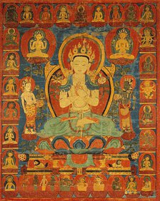 Painted Banner (Thangka) of Bodhisattva Maitreya Surrounded by his Retinue, 16th century. Creator: Unknown.