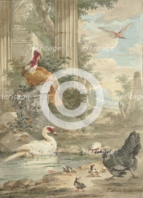 Turkey and Other Birds near Classical Ruins in a Park, c.1756-c.1761. Creator: Aert Schouman.