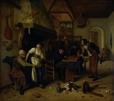 Interior of an inn with an old man amusing himself with the landlady and two men playing backgammon, Creator: Jan Steen.
