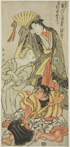 The Actor Ichikawa Komazo III in Three Roles: Nyosan no Miya (The Third Princess)..., c. 1791. Creator: Katsukawa Shun'ei.