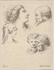 Plate 9: five heads, two young women at left, a bearded man at upper right, a young wo..., ca. 1649. Creator: Stefano della Bella.