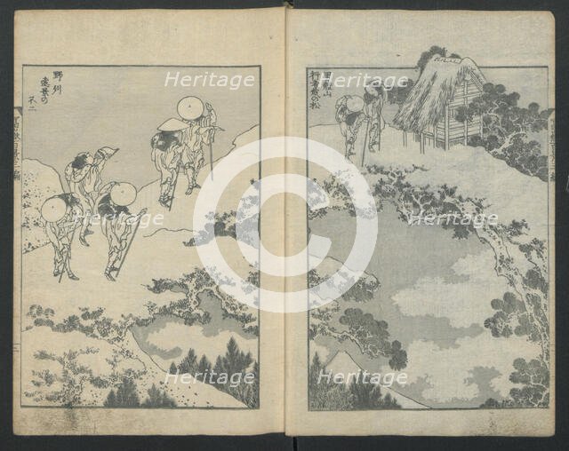 Mount Fuji under a Bridge (left); Mount Fuji behind a Net (right), from One Hundred Vi..., ca. 1847. Creator: Hokusai.