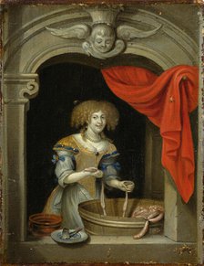 A woman making sausage. Creator: Schalcken, Godfried, (Follower)  .