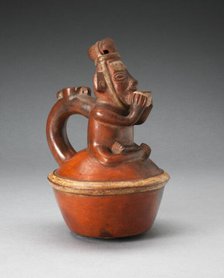 Handle Spout Vessel Depicting Seated Figure Drinking from Cup, A.D. 1200/1450. Creator: Unknown.