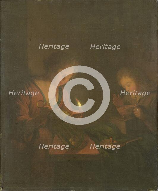 Fire and Light (A Girl Places a Candle in a Lantern and a Boy Blows on the Coals..., 1690-1706. Creator: Godfried Schalcken.