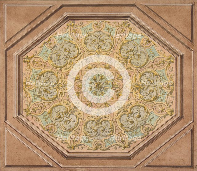 Design for the decoration of a hexagonal ceiling with rinceaux, 1830-97. Creators: Jules-Edmond-Charles Lachaise, Eugène-Pierre Gourdet.