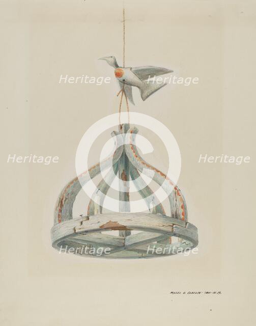 One painted, Wooden Candelabrum, with Dove, c. 1937. Creator: Majel G. Claflin.