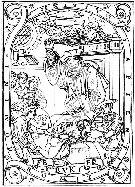 Schoolboy having knowledge beaten into him with the birch, 1526. Artist: Unknown