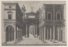 A street with various buildings, colonnades and an arch, 1475-1510. Creator: Donato Bramante.