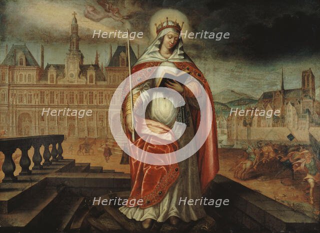 Saint Geneviève, patron of Paris, in front of the Hôtel de Ville; on the right..., around 1620.  Creator: Unknown.
