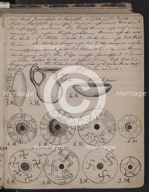 The Schliemann's diary contains sketches of discoveries, 1873. Artist: Schliemann, Heinrich (1822-1890)