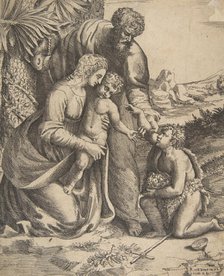 Holy Family with Saint John the Baptist who kneels at the right, 1531-76. Creator: Giulio Bonasone.