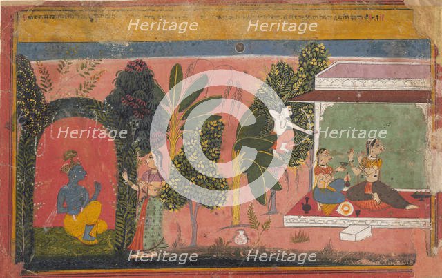 Kama Aims His Bow at Radha: Page From a Dispersed Gita Govinda (Loves of Krishna), ca. 1695. Creator: Unknown.