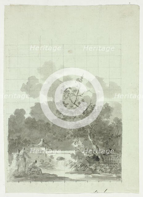 View of the Park at Versailles: Fishing in Pond Near Grove of Trees, n.d. Creator: Pierre Antoine Mongin.