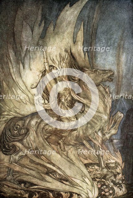 'Brunnhilde on Grane leaps on to the funeral pyre of Siegfried', 1924.  Artist: Arthur Rackham
